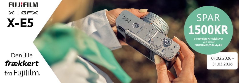 Fujfilm X-E5 kampagne. Den lille frækkert fra fujfilm. Spar 1.500 kr. på udvalgte objektiver ved køb af E-5 hus eller kit.